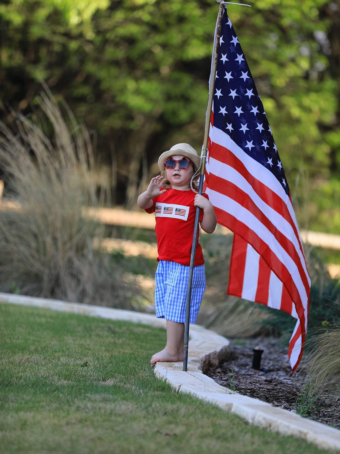 4th of july Flag Embroidery Smocking Boys Set outfit, detail view