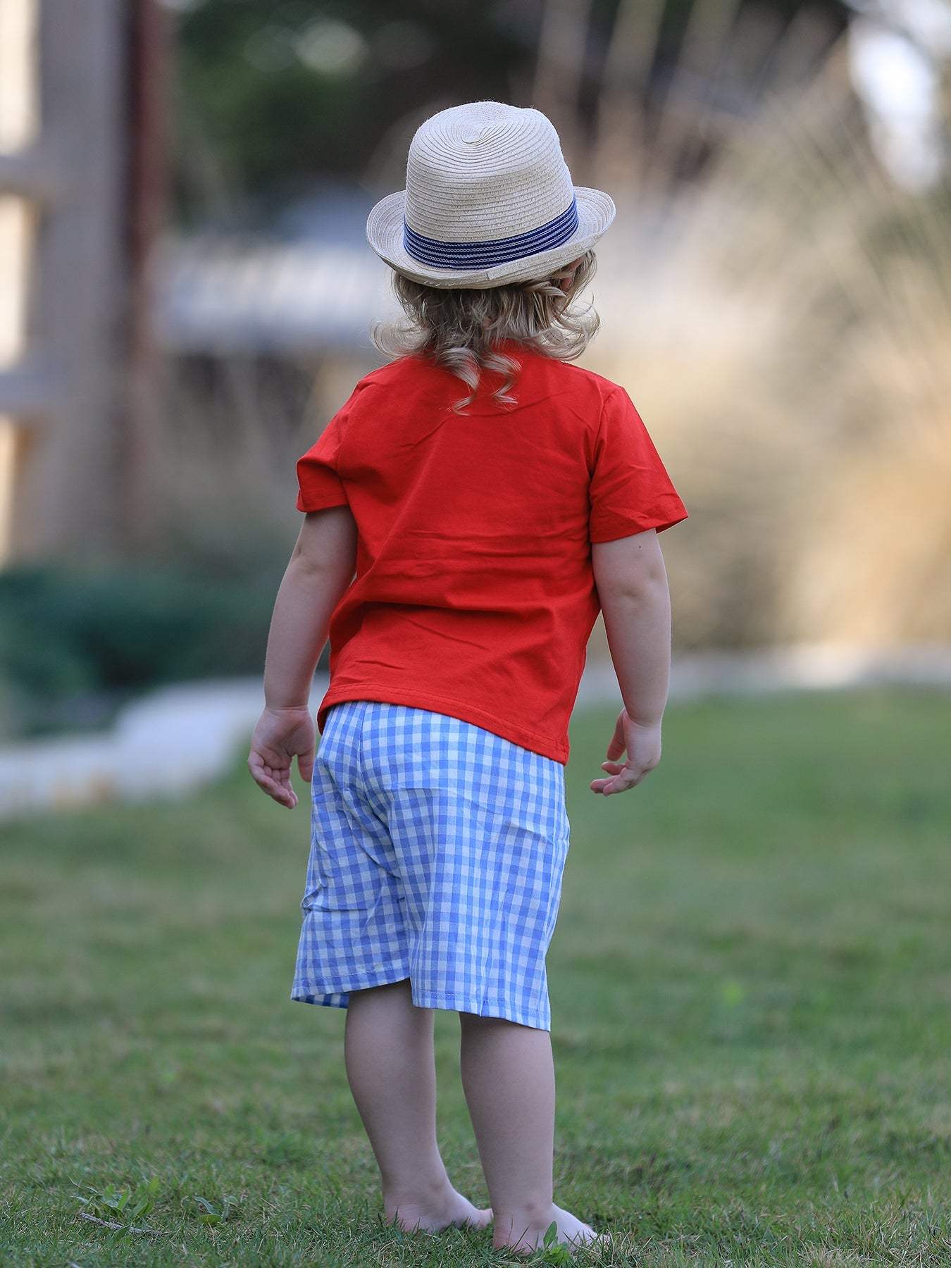 Boys Back to School Pencil Apple Applique Plaid Shorts Set outfit, back view