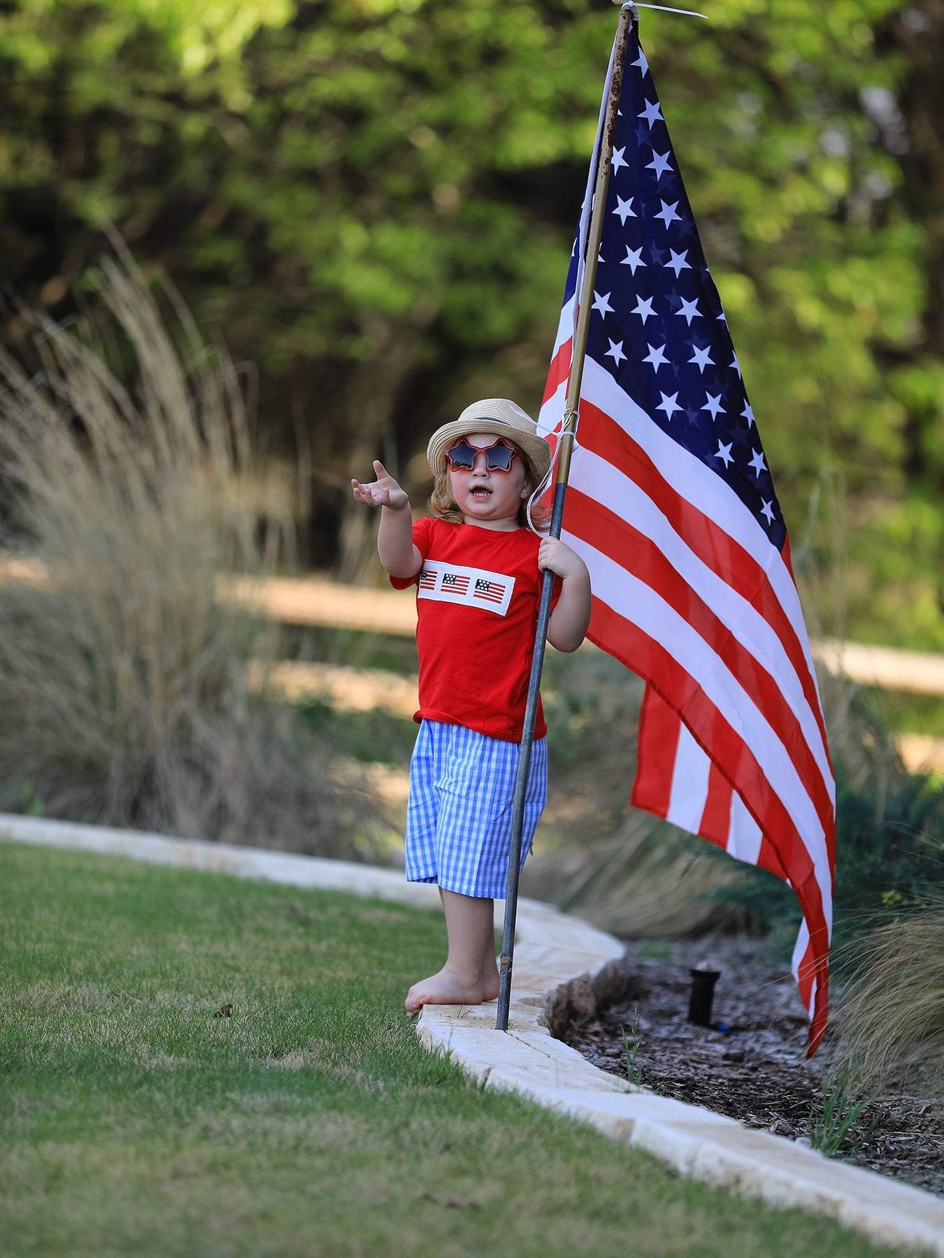 4th of july Flag Embroidery Smocking Boys Set outfit, side view