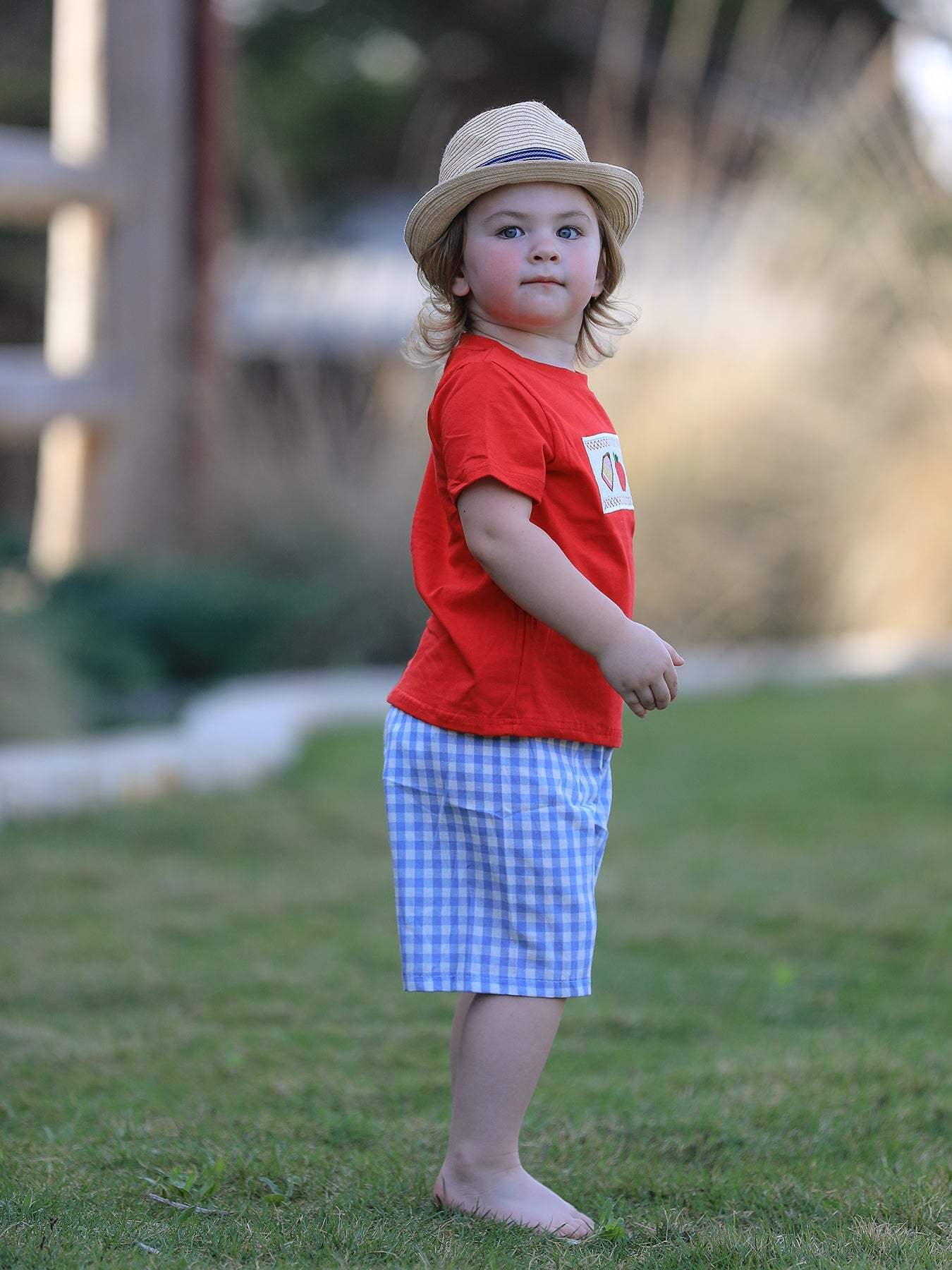 Boys Back to School Pencil Apple Applique Plaid Shorts Set outfit, fabric and material close-up