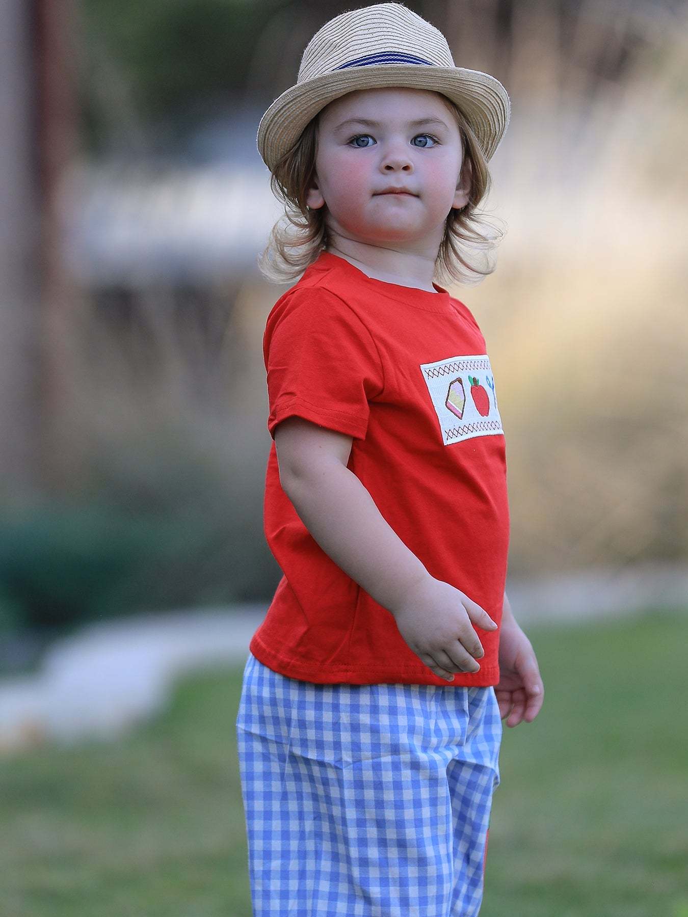 Boys Back to School Pencil Apple Applique Plaid Shorts Set outfit, styling detail