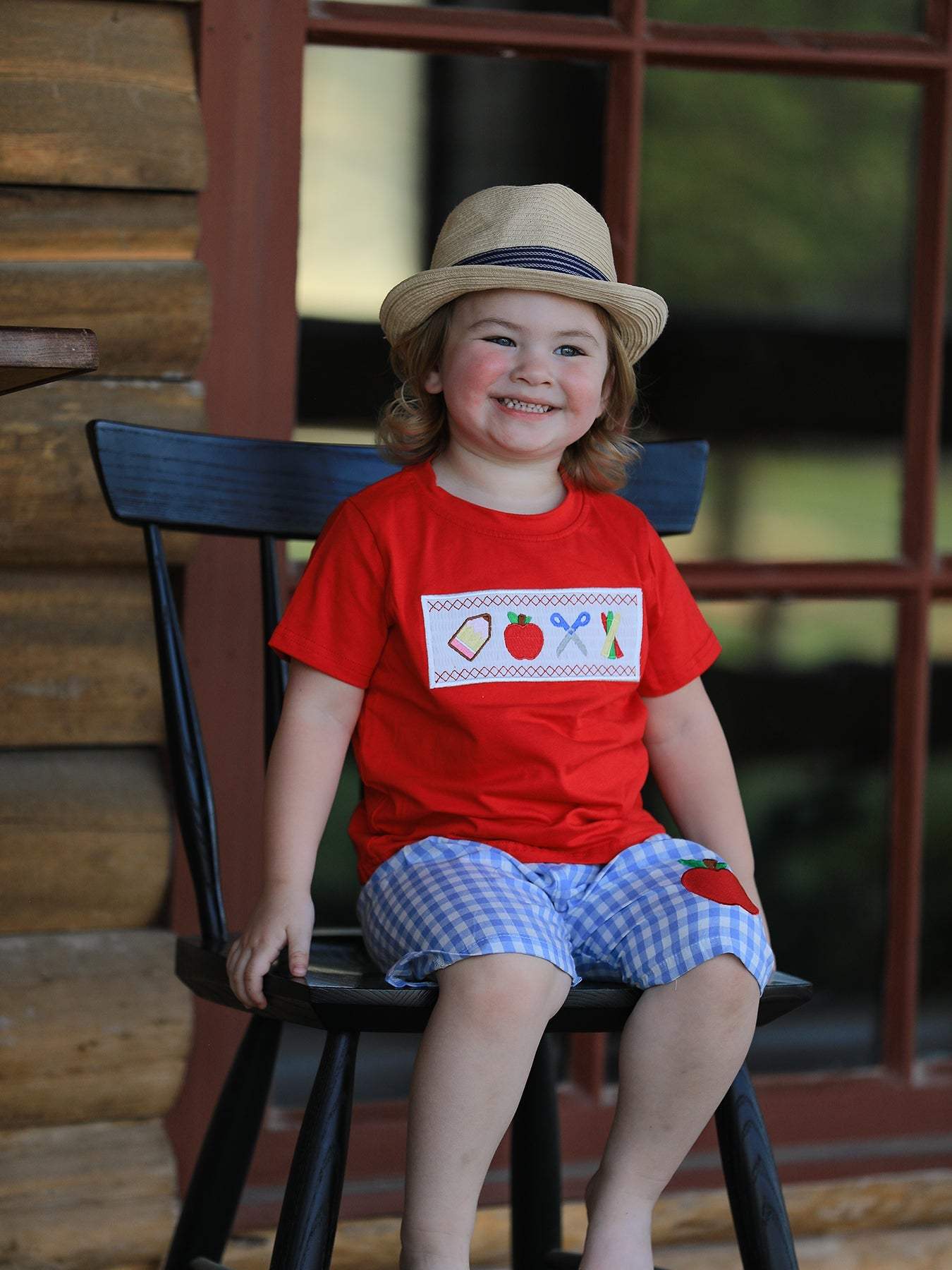 Boys Back to School Pencil Apple Applique Plaid Shorts Set outfit, front view
