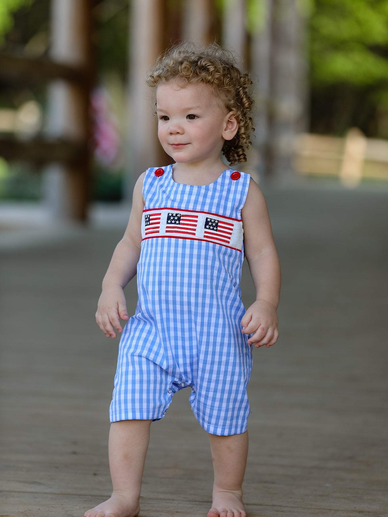 4th of july Flag Embroidery Smocking Boys Romper - front view