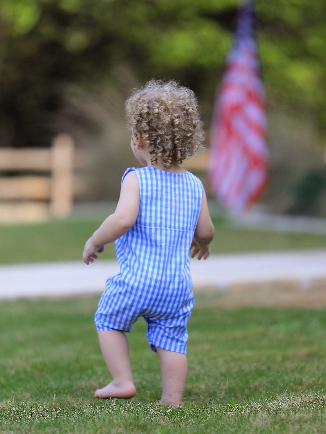 4th of july Flag Embroidery Smocking Boys Romper - full length view