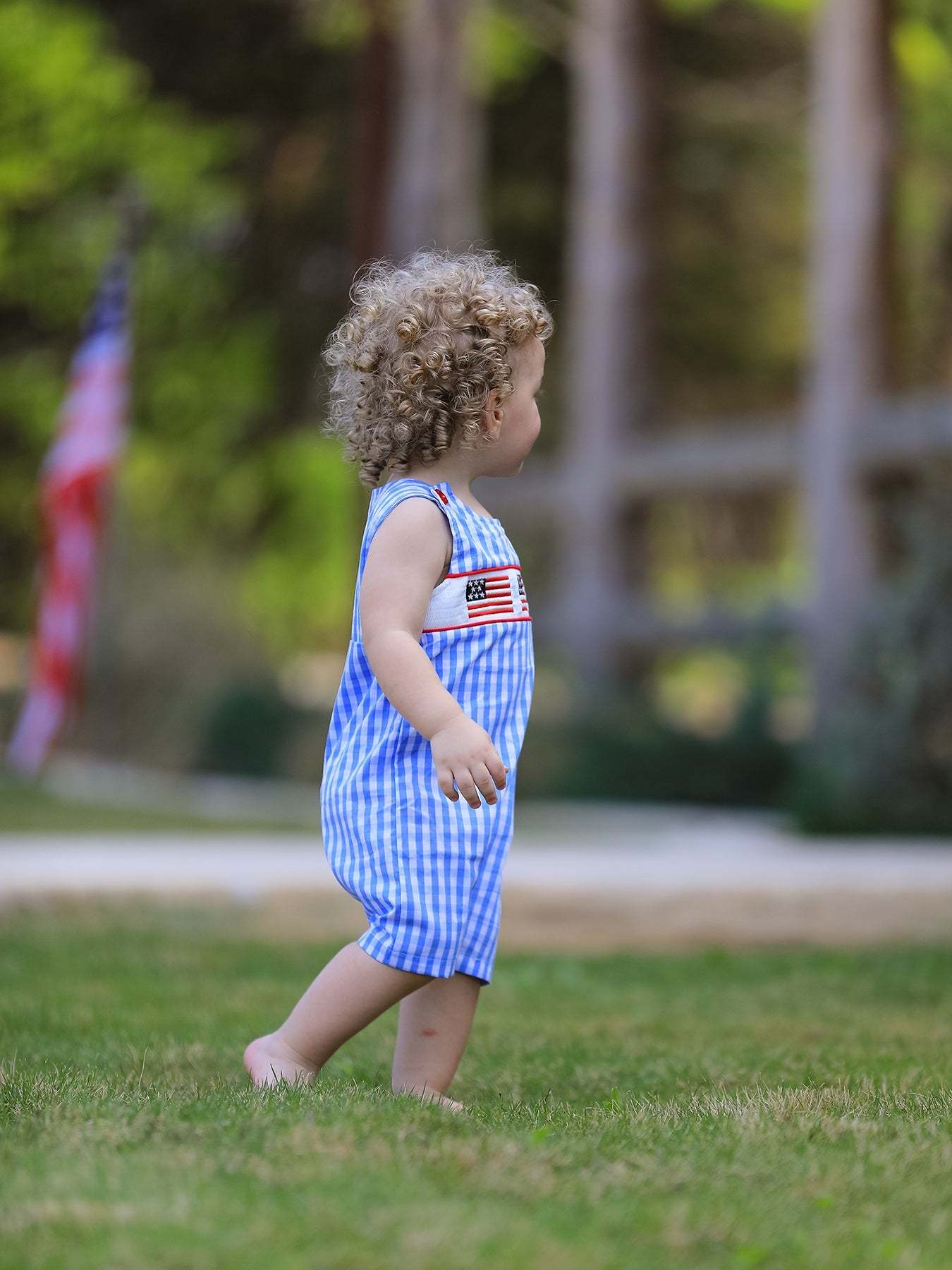 4th of july Flag Embroidery Smocking Boys Romper - back view