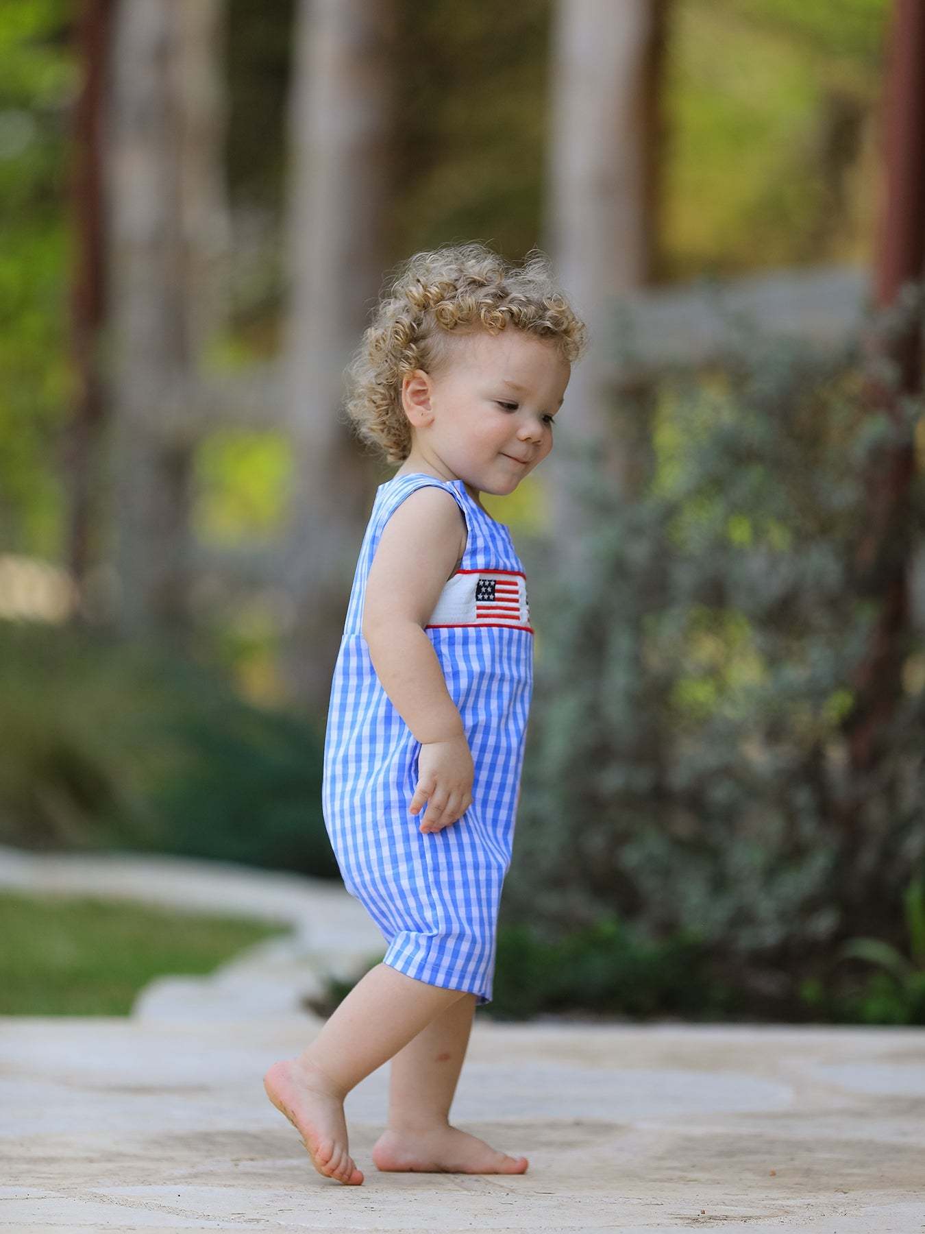 4th of july Flag Embroidery Smocking Boys Romper - side view
