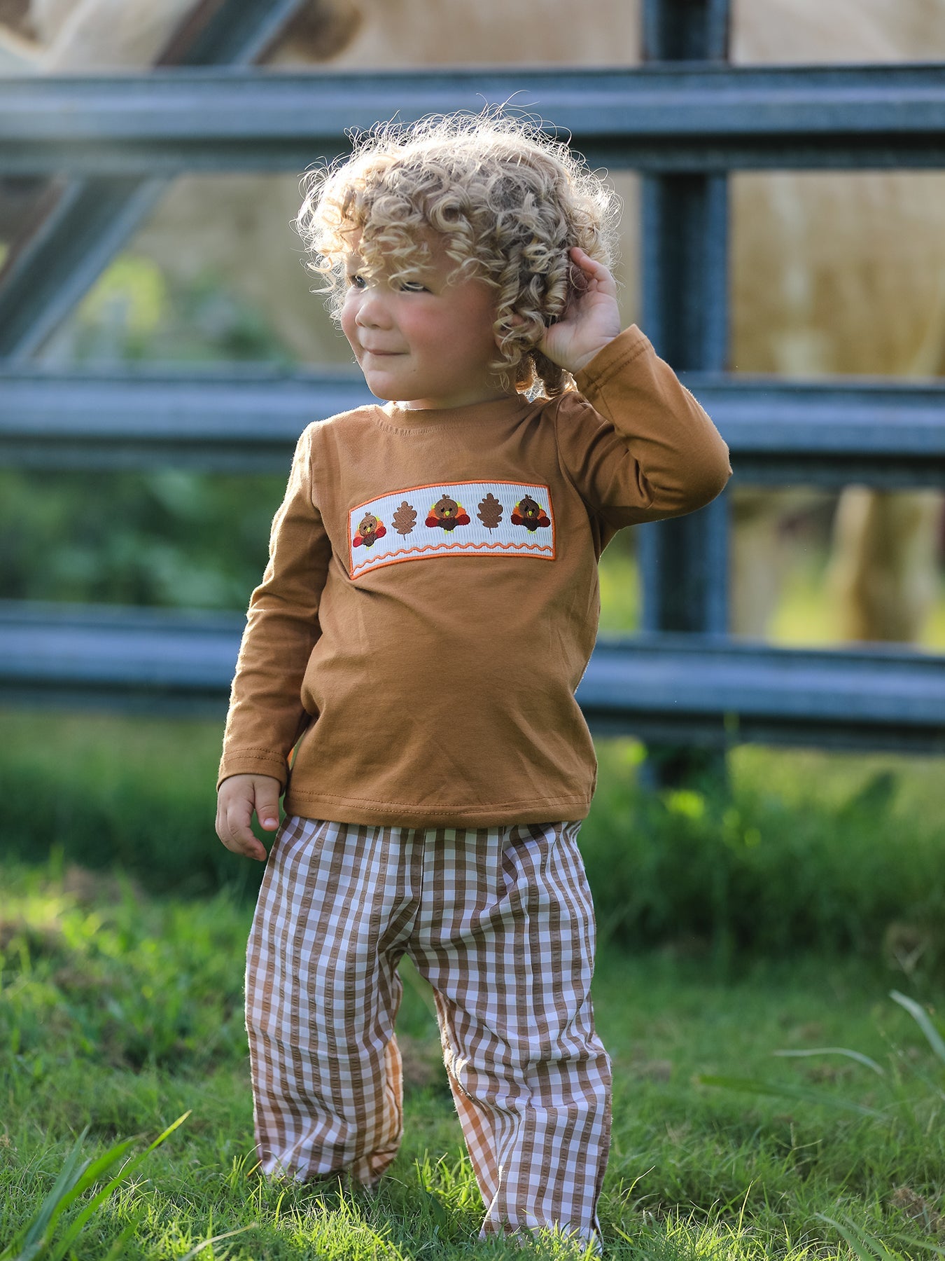 Fall Boys Thanksgiving Smocking Embroidered Brown Plaid Outfit Set