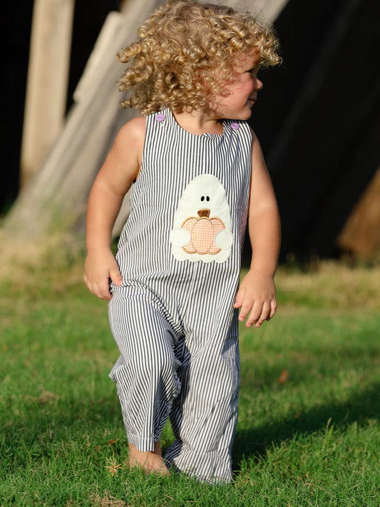 Halloween Striped Ghost Embroidered Baby Boys Romper