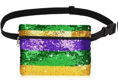 Mardi Gras-themed sequin fanny pack in green, purple, and gold.