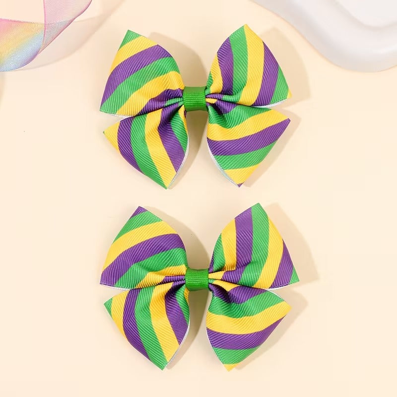 2pc Mardi Gras Hair Bow Clips – Green, Yellow & Purple Stripe