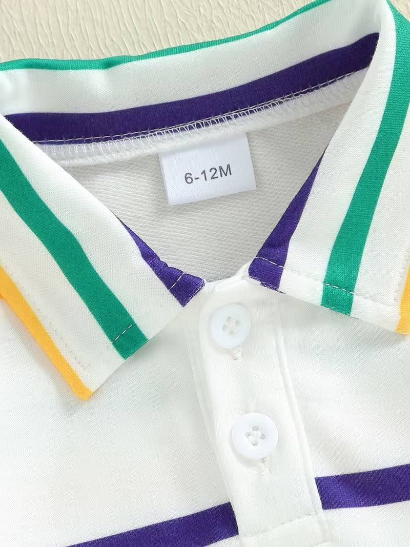 Mardi Gras stripes collared shirt detail view