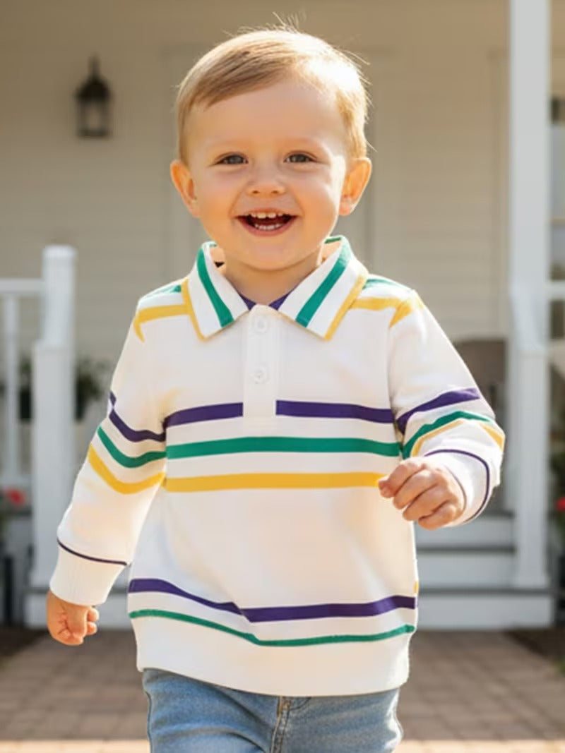 Mardi Gras stripes collared shirt, back view