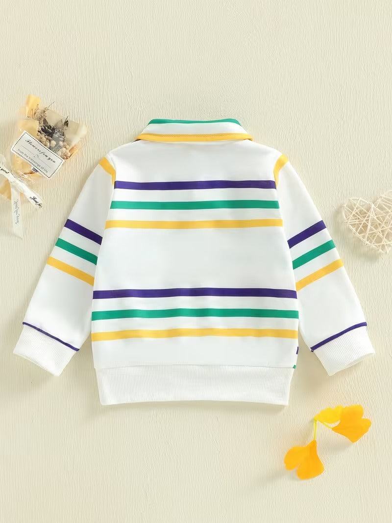 Mardi Gras stripes collared shirt stripe and pattern detail