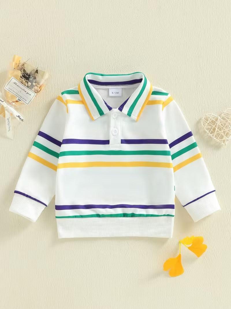 Mardi Gras stripes collared shirt for littles, front view