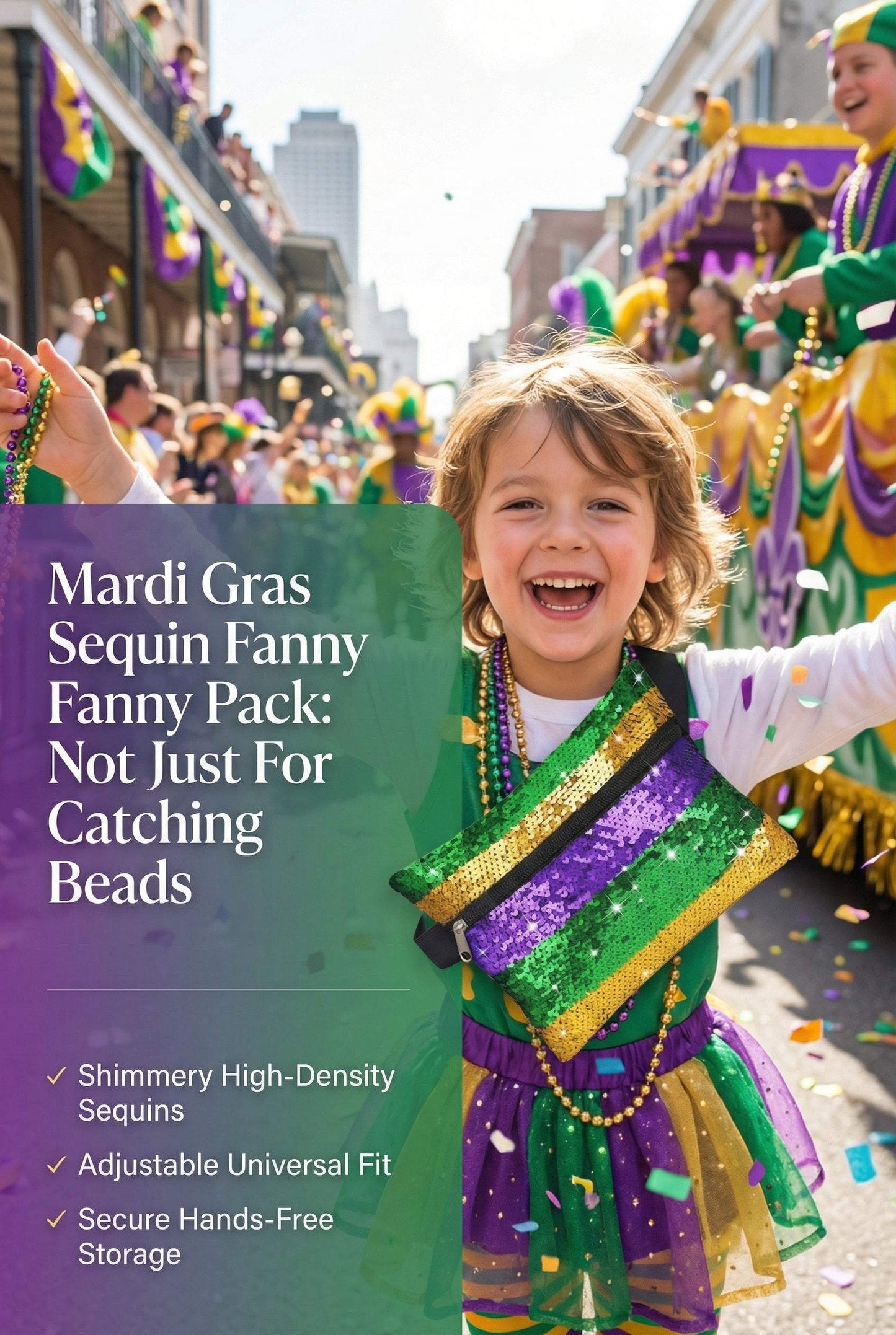 Child in Mardi Gras costume with text about Mardi Gras sequin fanny pack.