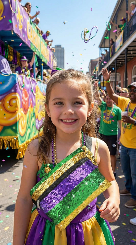 Young girl in Mardi Gras attire smiling at a parade with colorful floats and confetti.