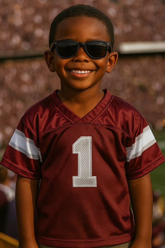 Smiling boy wearing maroon football jersey with number 1 and sunglasses on football field