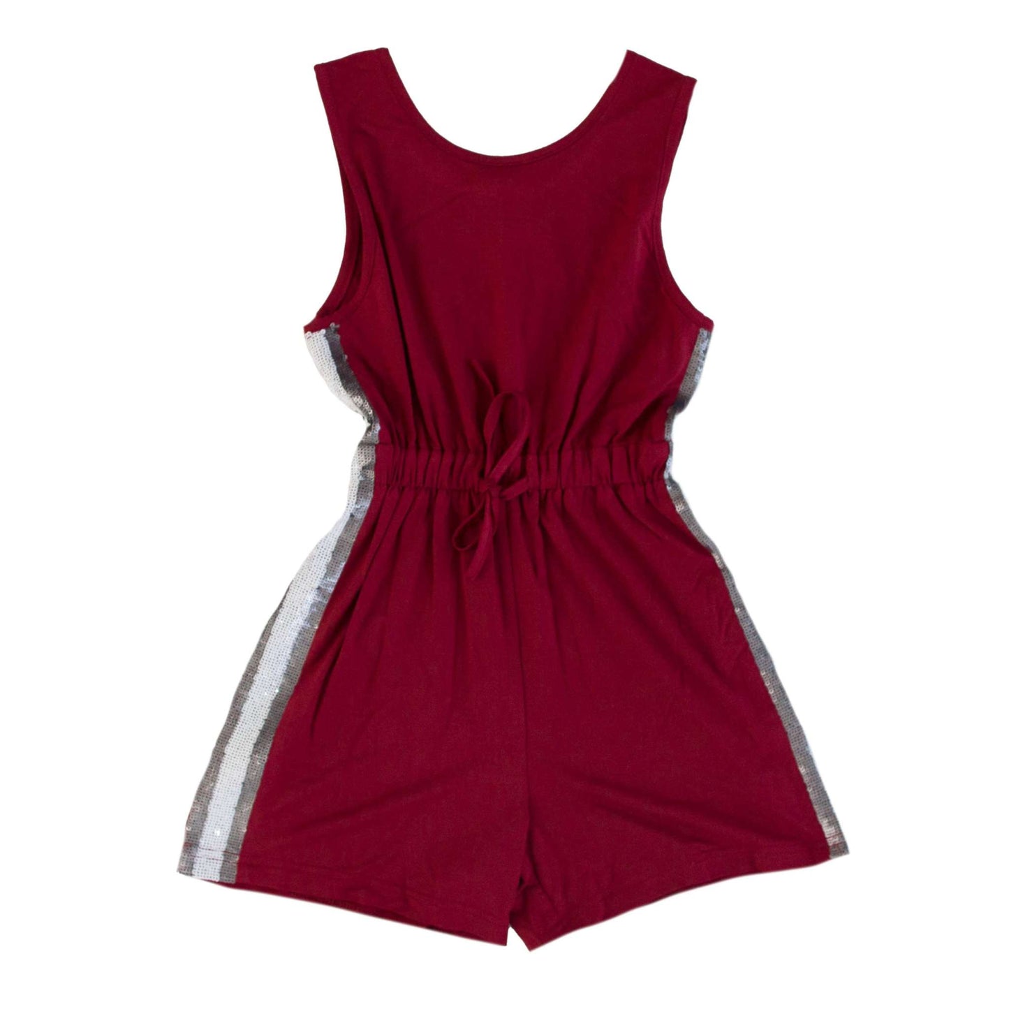 Maroon and silver sequin striped sleeveless kid romper with drawstring waist