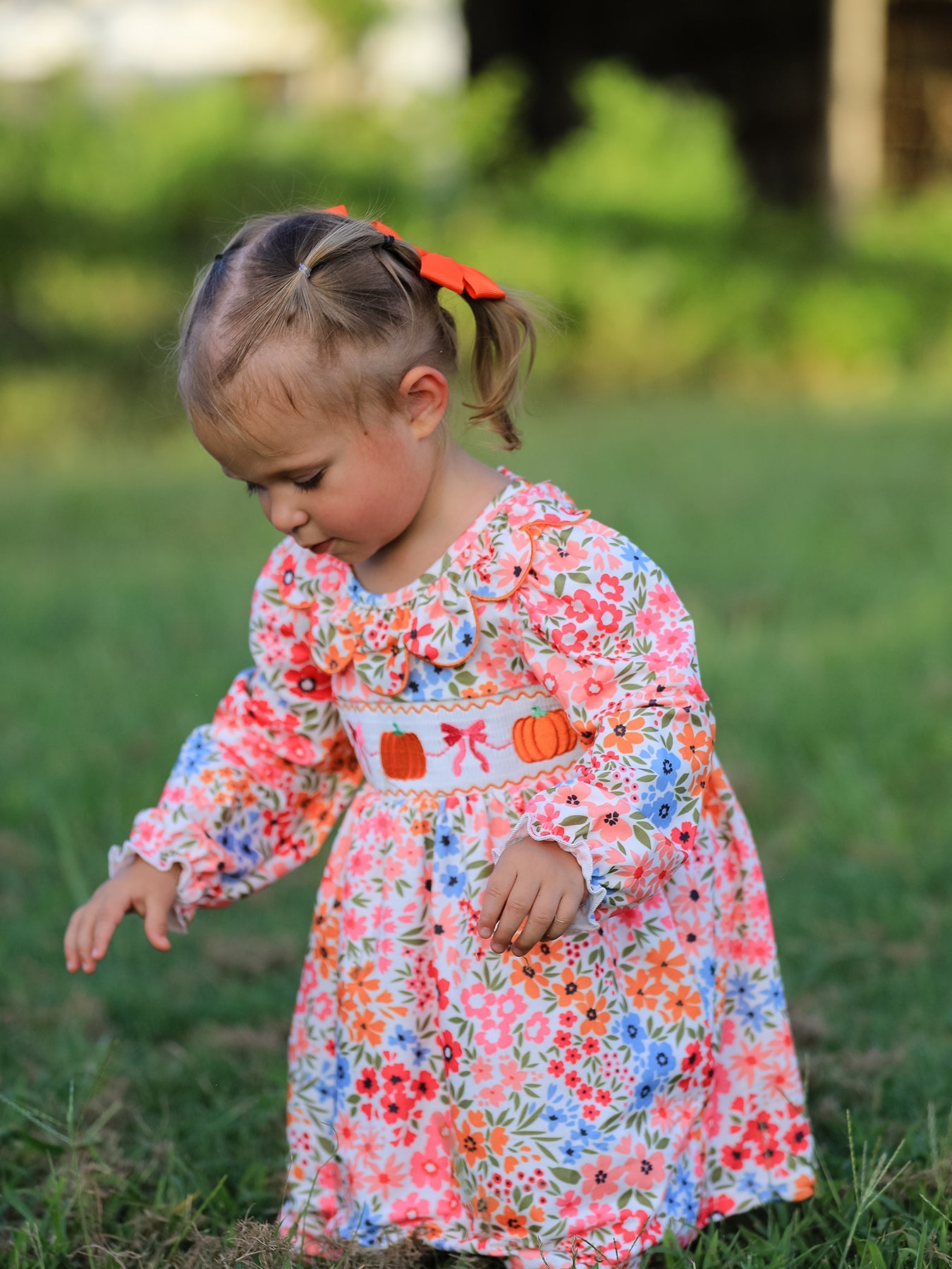 Fall Halloween & Thanksgiving Pumpkin Bow Smock Embroidered Floral Dress