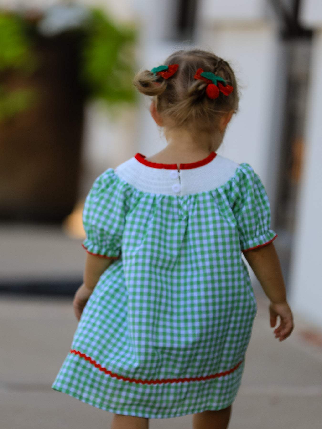 Back To School Girls Green Plaid Smocking Dress - back view
