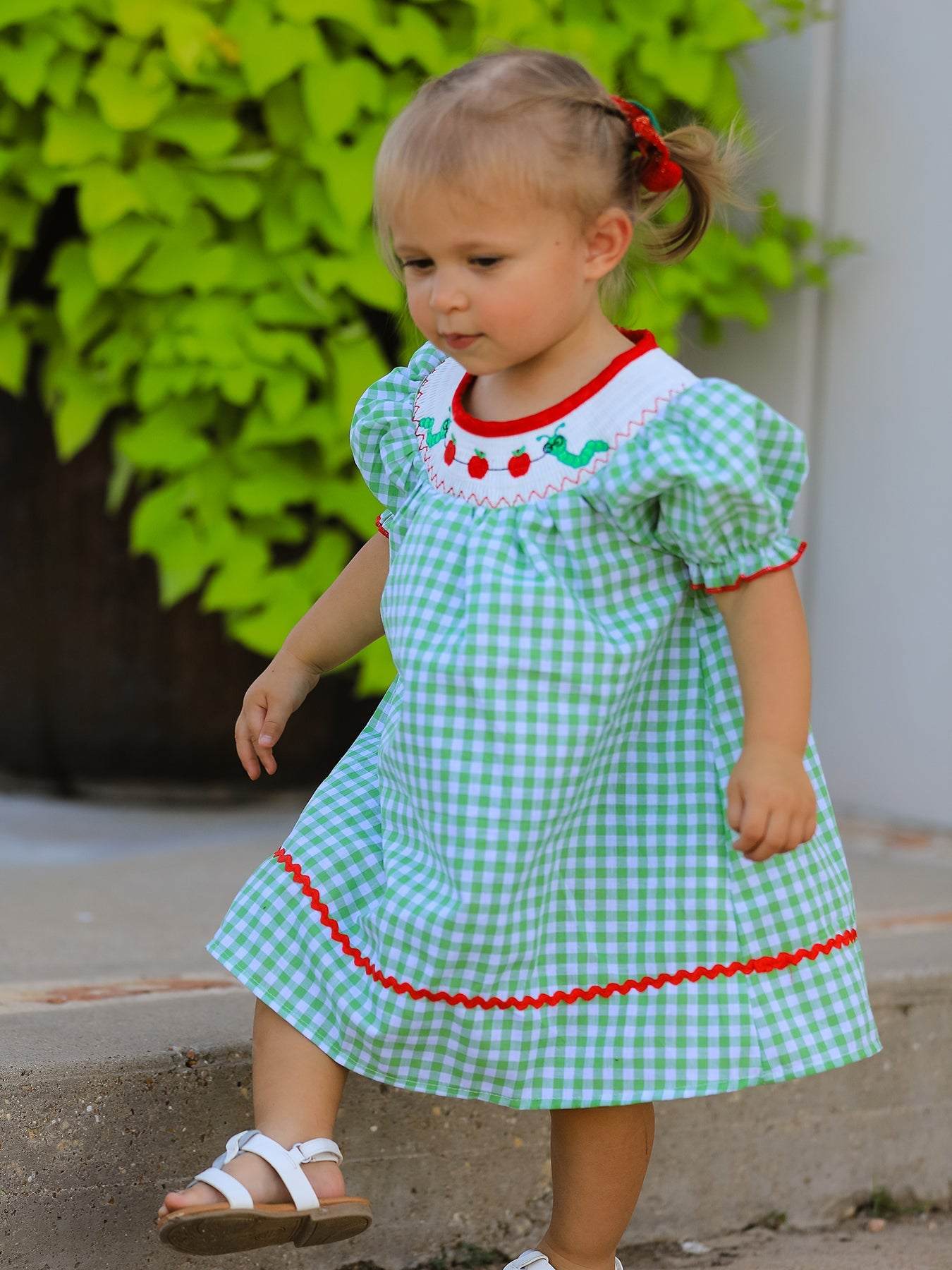 Back To School Girls Green Plaid Smocking Dress - front view