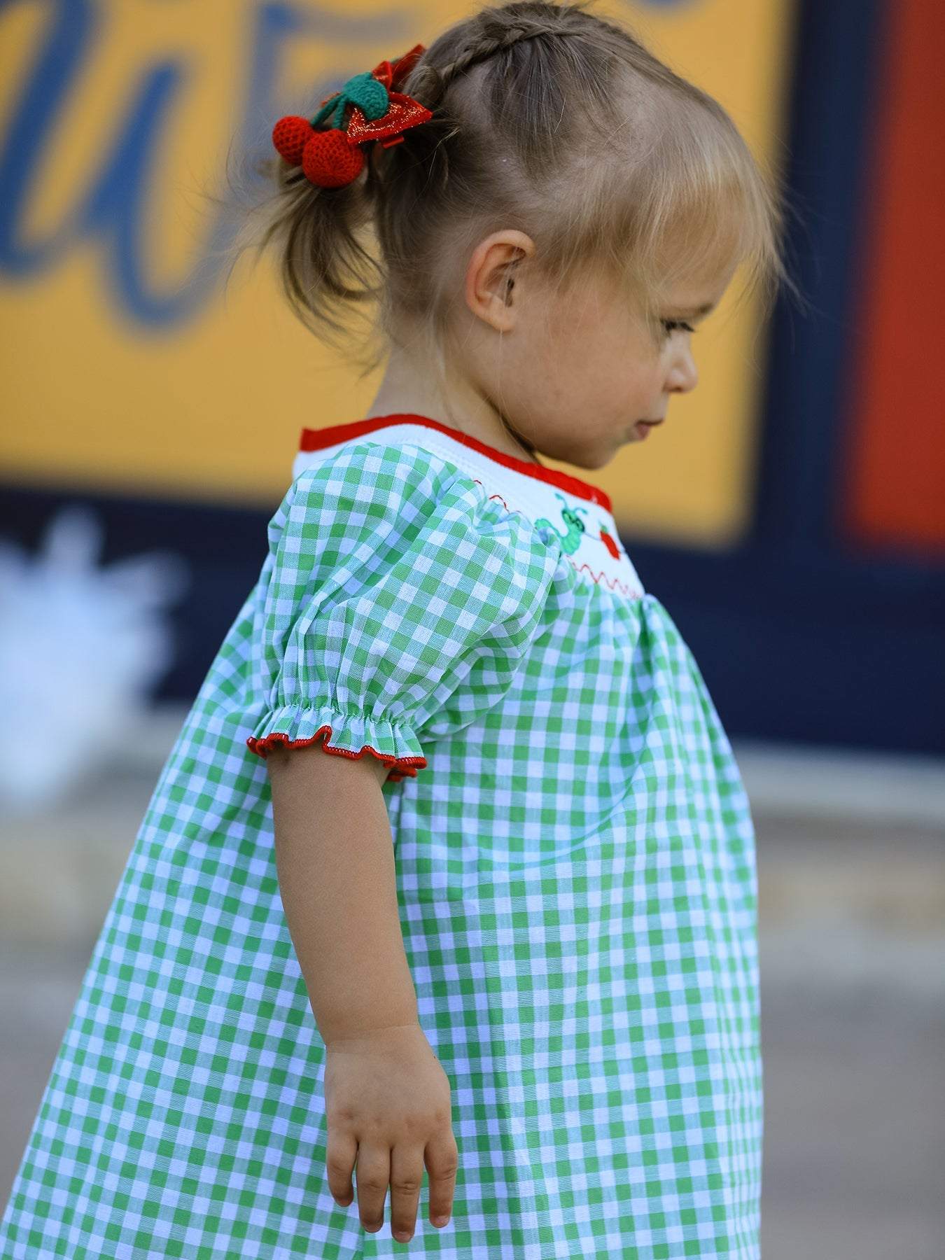 Back To School Girls Green Plaid Smocking Dress - detail view