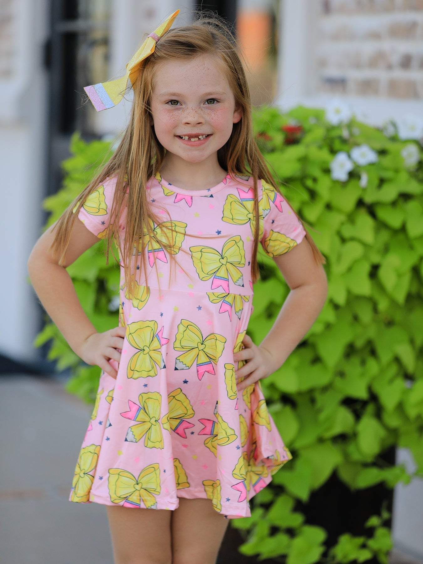 Back to School Yellow Bow Print Girls Dress - side view