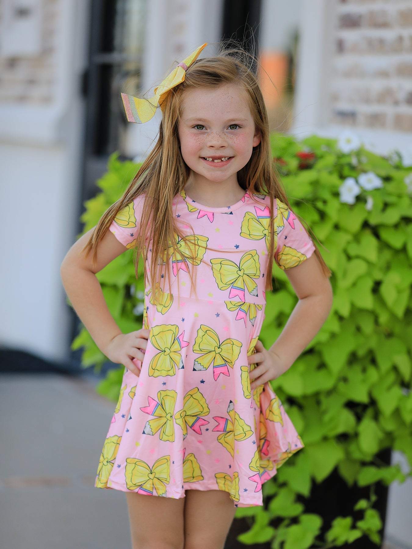Back to School Yellow Bow Print Girls Dress - back view
