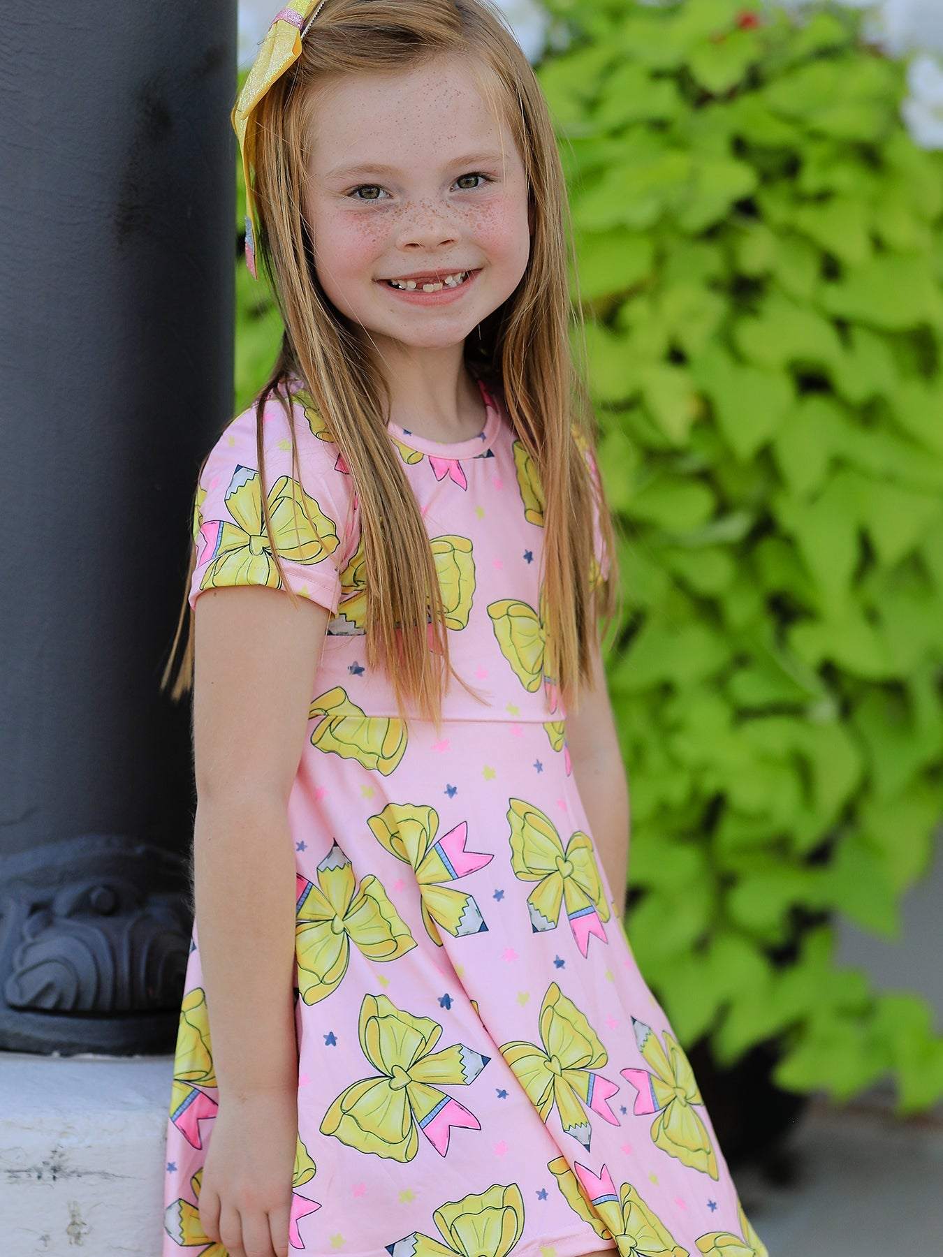 Back to School Yellow Bow Print Girls Dress - fabric and material close-up
