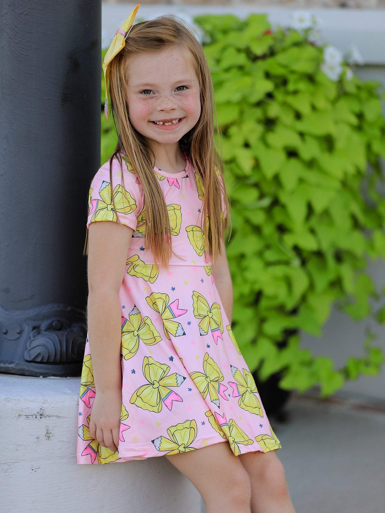 Back to School Yellow Bow Print Girls Dress - full length view