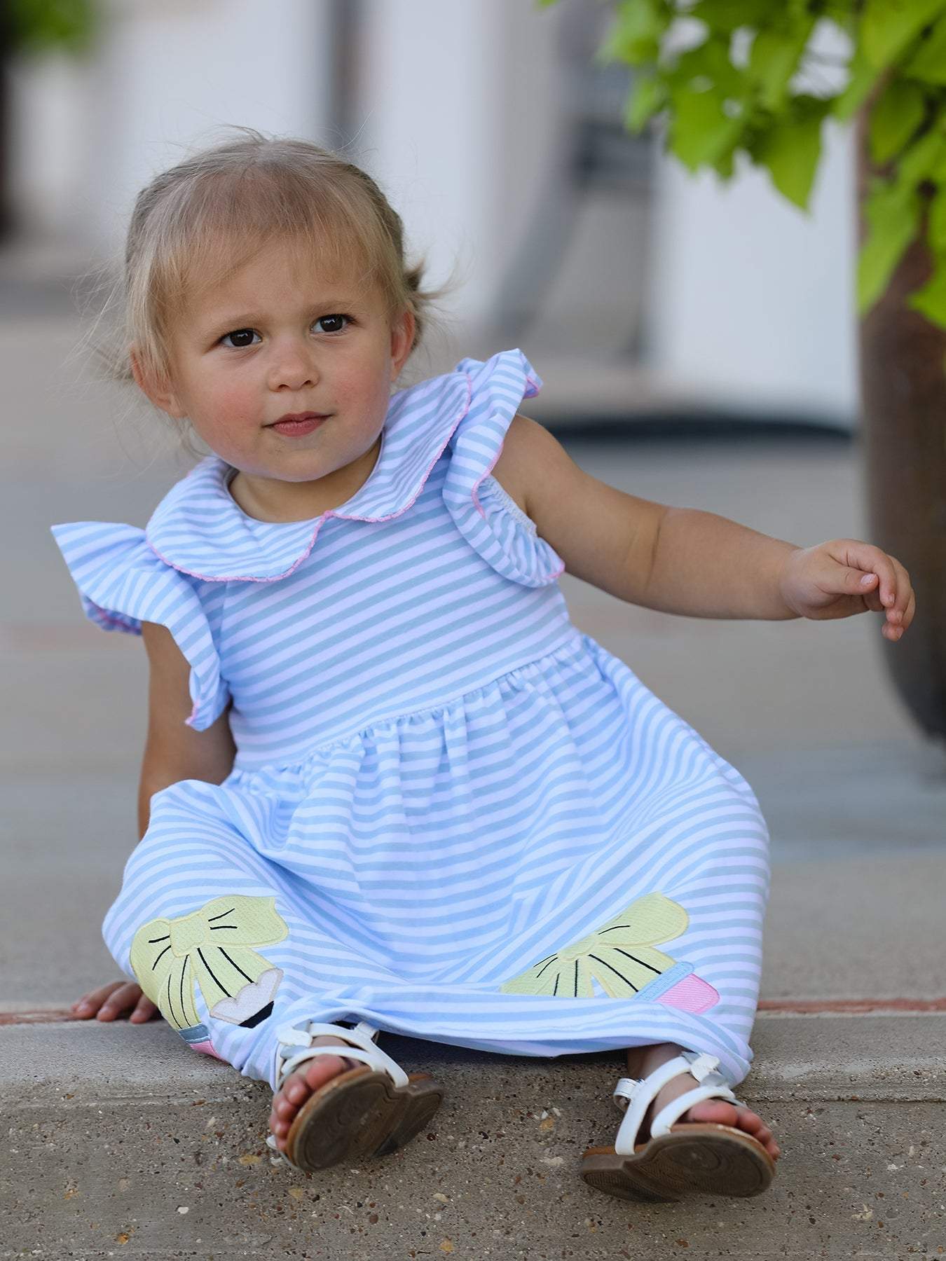 Striped back to school dress with bow for girls