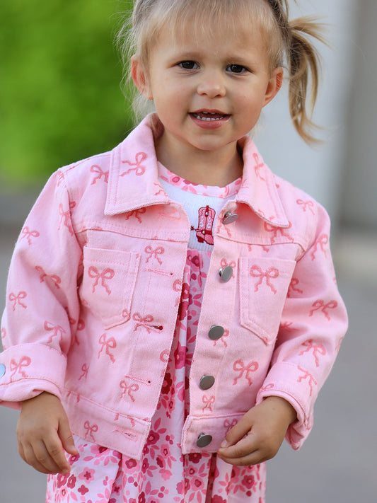 Pink Fall Girls Butterfly Print Denim Top front view