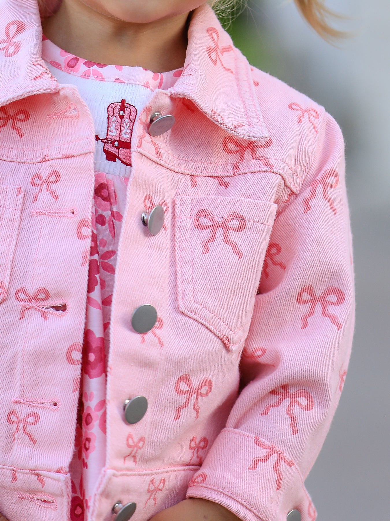 Pink Fall Girls Butterfly Print Denim Top fabric and material close-up