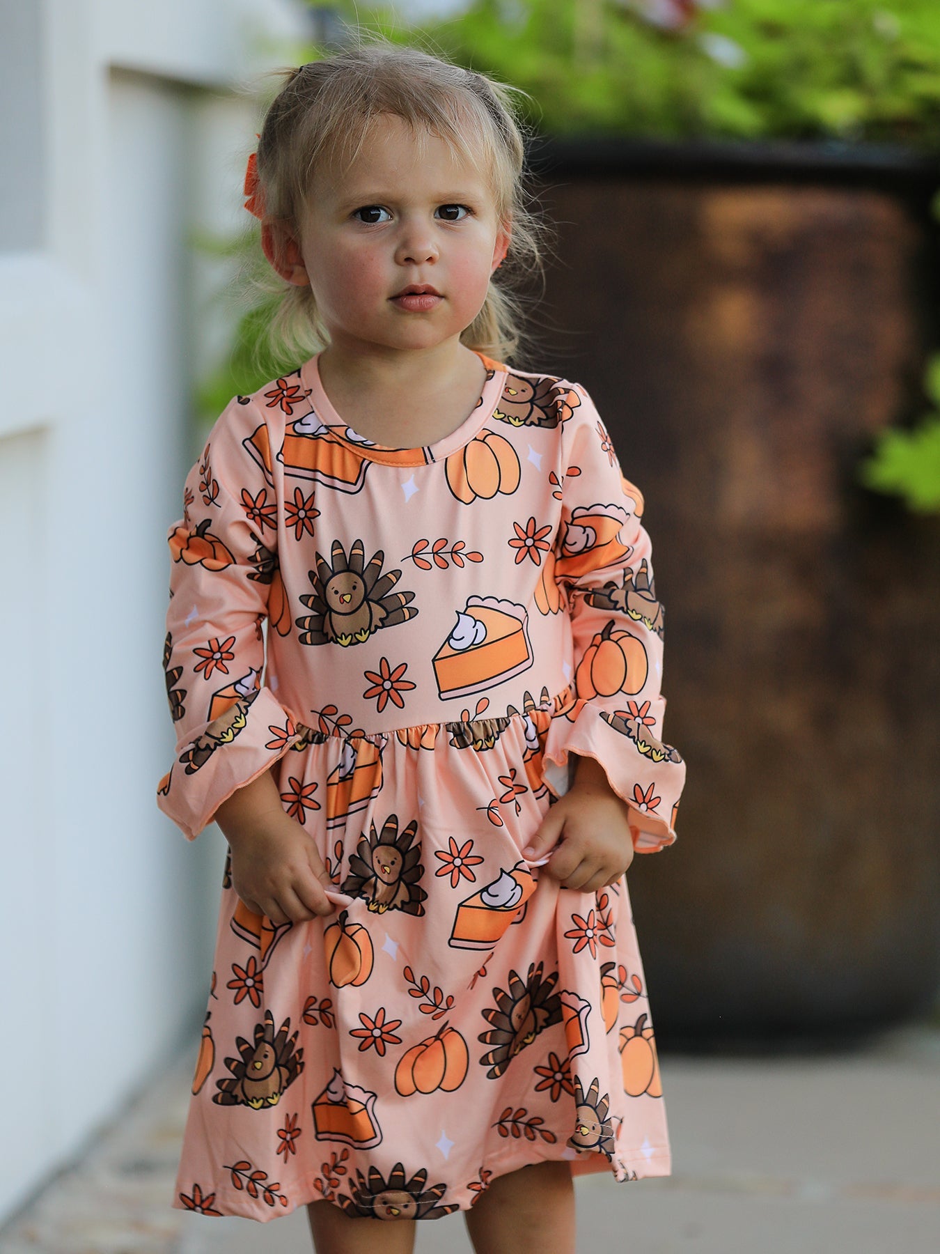 Thanksgiving Day Turkey Pie Print Ruffle Sleeve Fun Dress