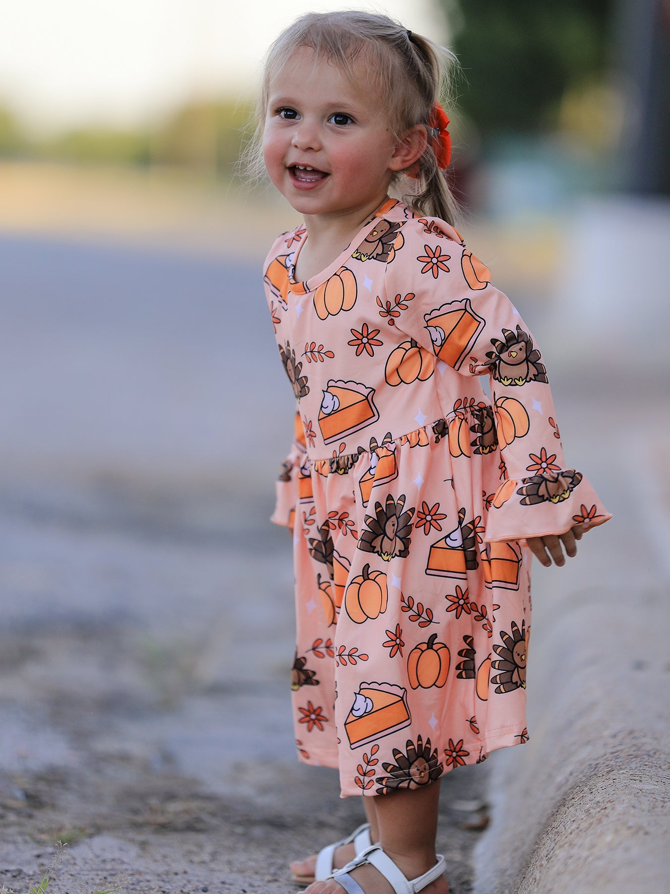 Thanksgiving Day Turkey Pie Print Ruffle Sleeve Fun Dress