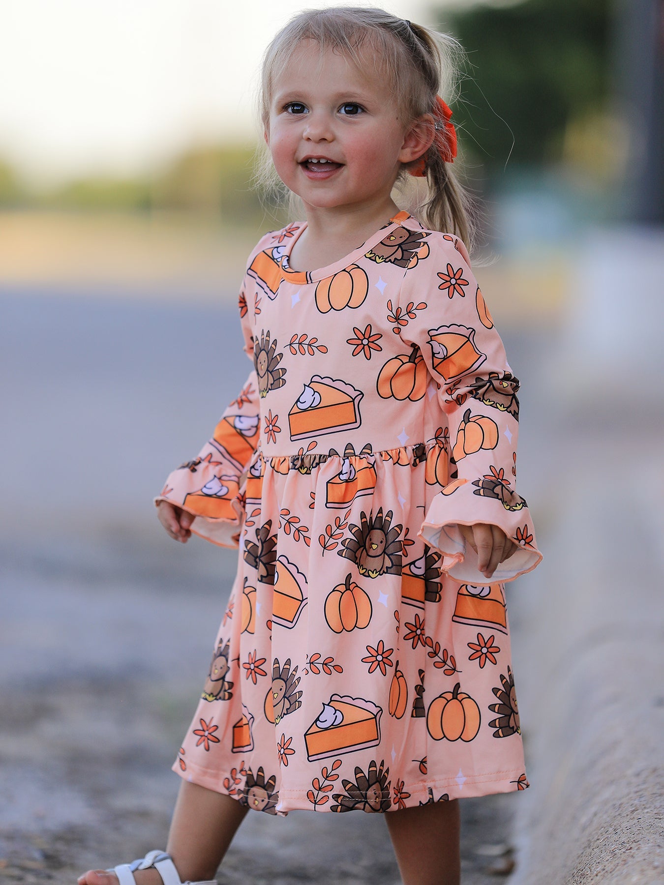 Thanksgiving Day Turkey Pie Print Ruffle Sleeve Fun Dress