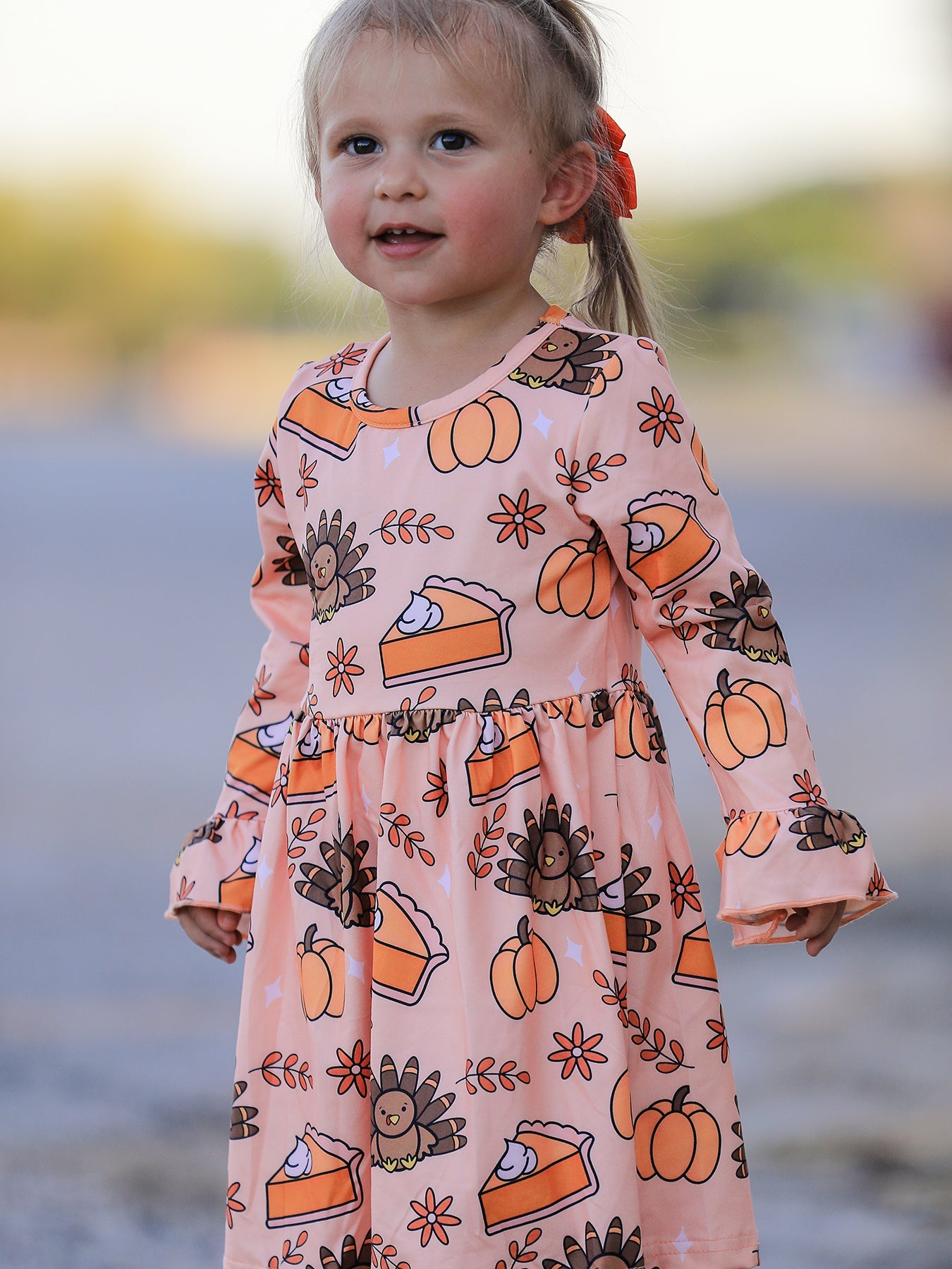 Thanksgiving Day Turkey Pie Print Ruffle Sleeve Fun Dress
