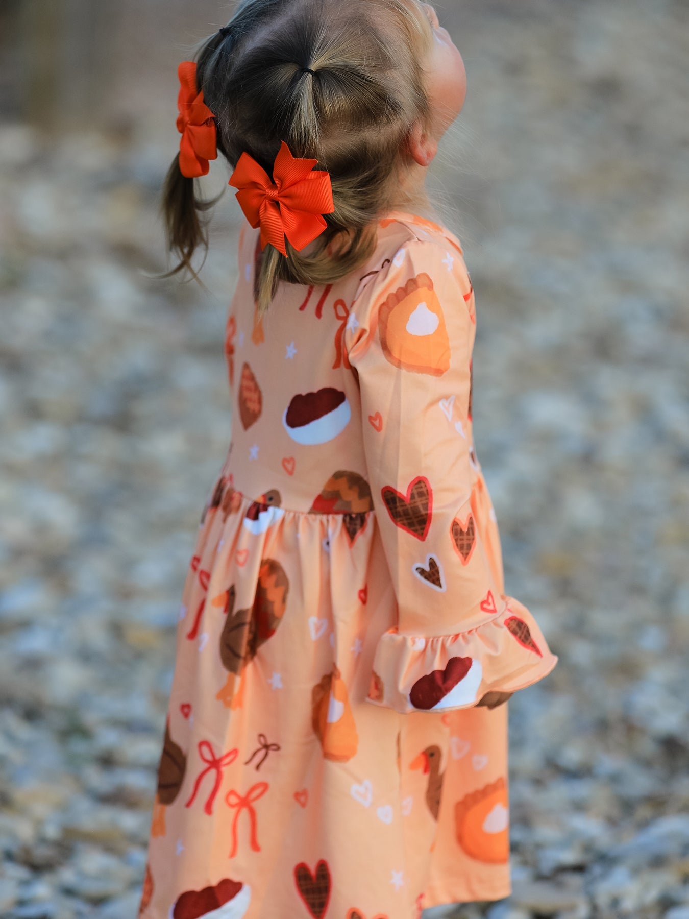 Thanksgiving Day Turkey Pie Print Ruffle Sleeve Dress