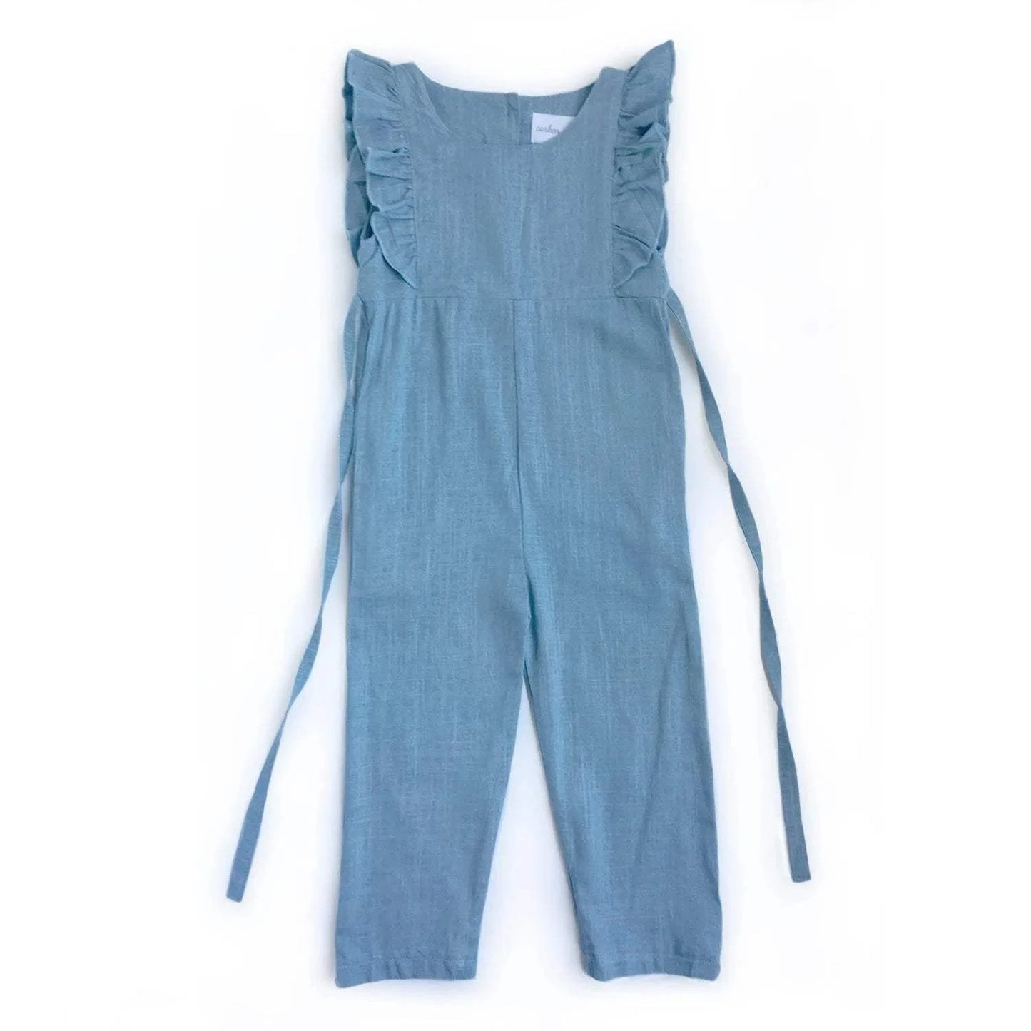 Medium Blue Linen Ruffle Romper with Pants