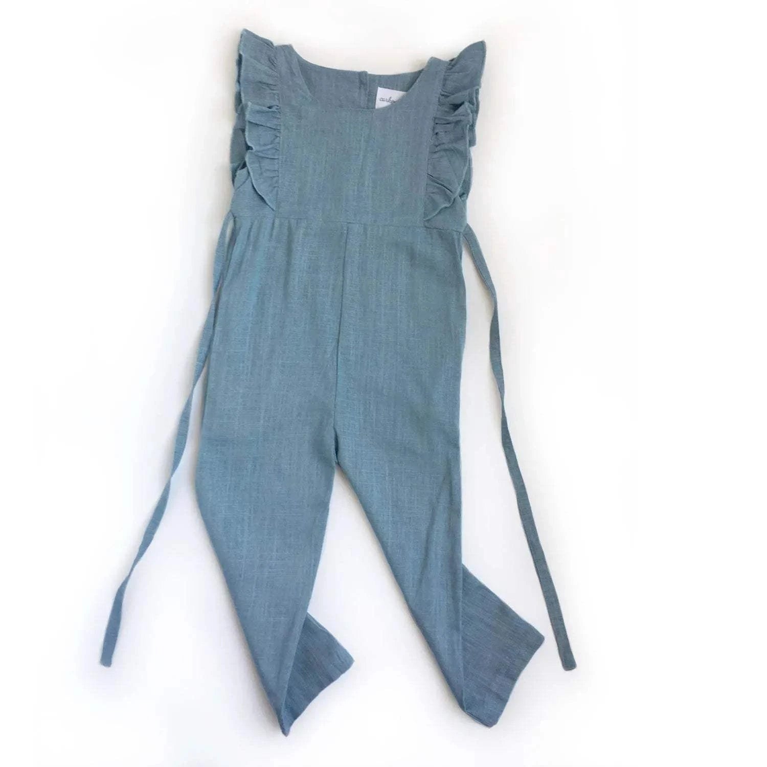Medium Blue Linen Ruffle Romper with Pants