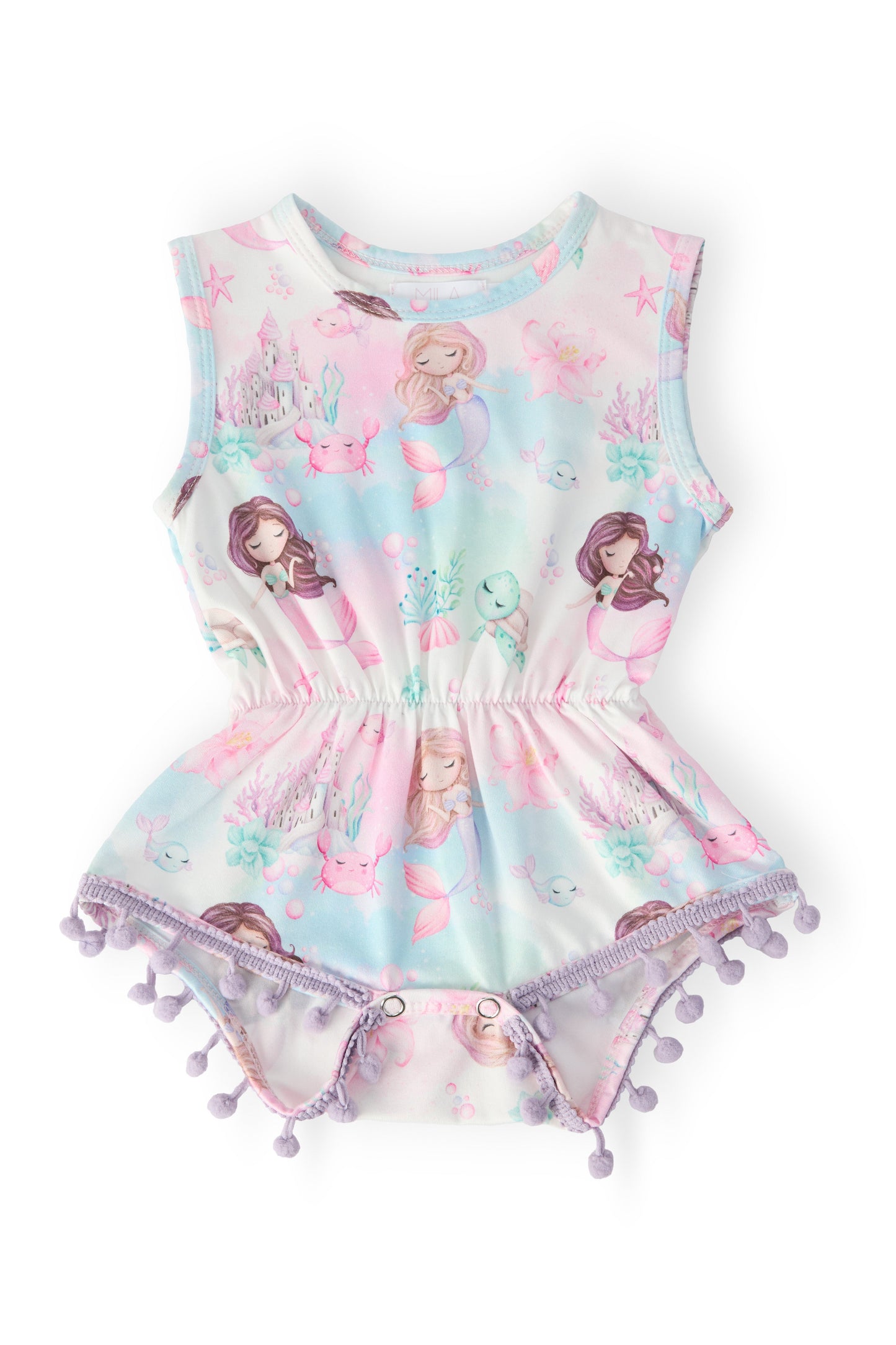 Mermaid fairytale pom pom romper front view