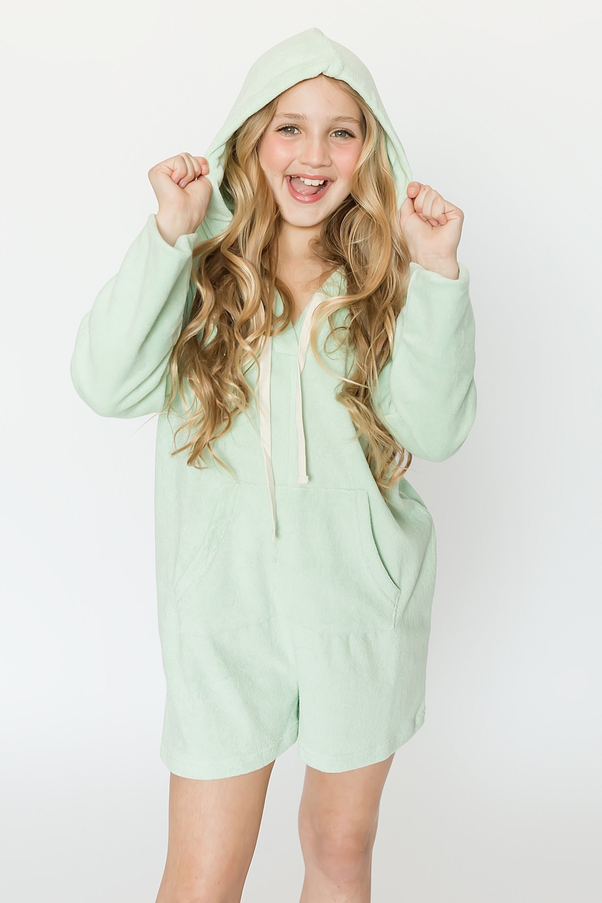 Terry Cloth Mint Green Romper - front view
