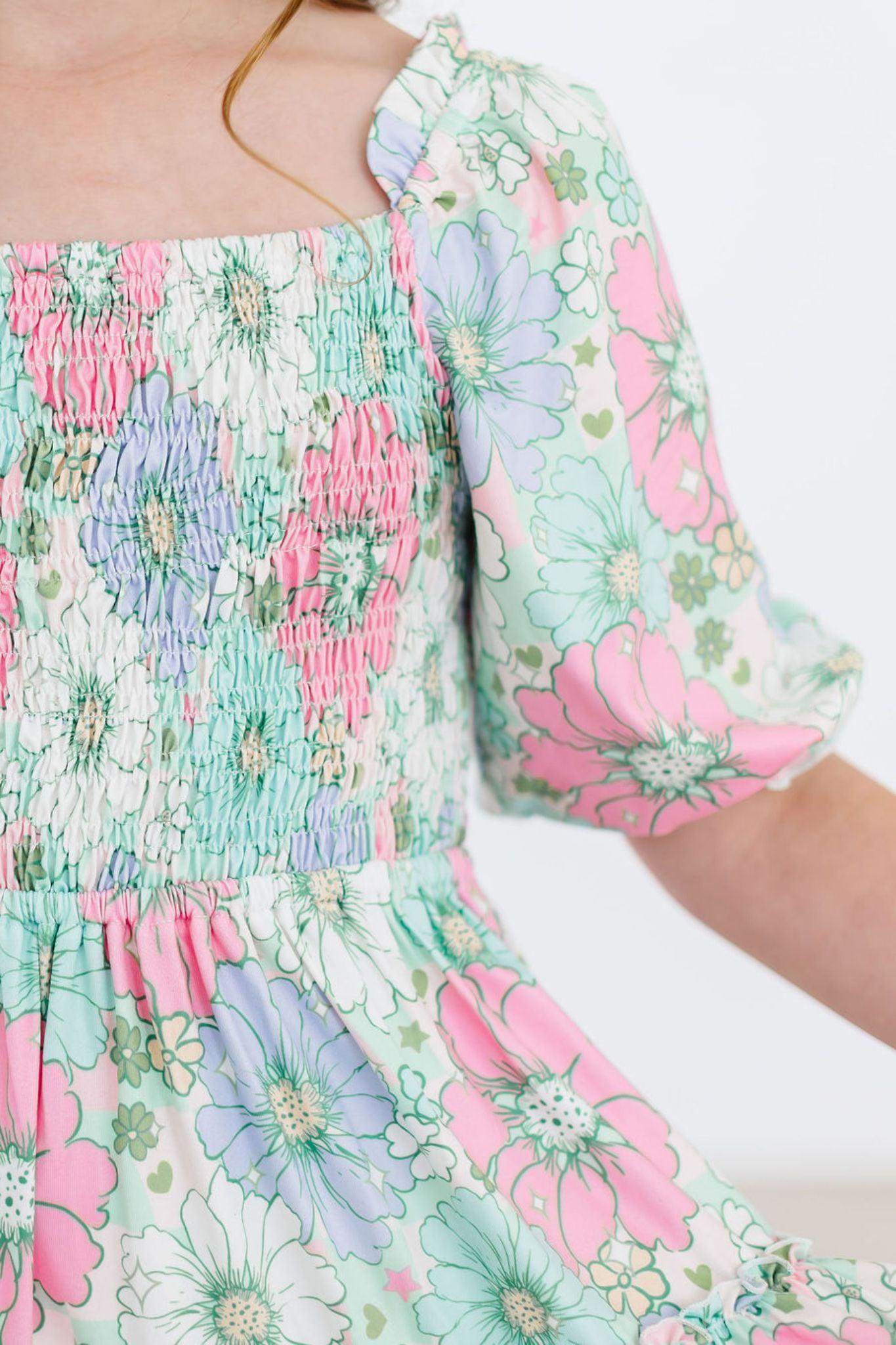 Minty Meadow Smocked Ruffle Dress side view