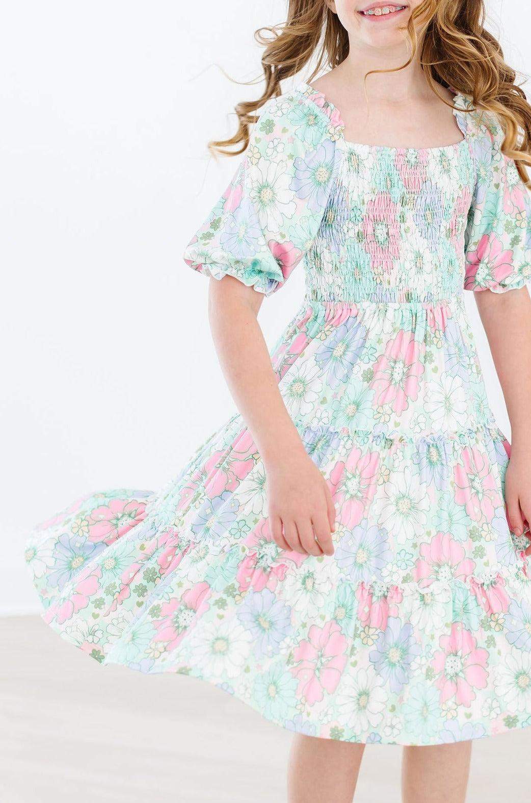 Minty Meadow Smocked Ruffle Dress back view