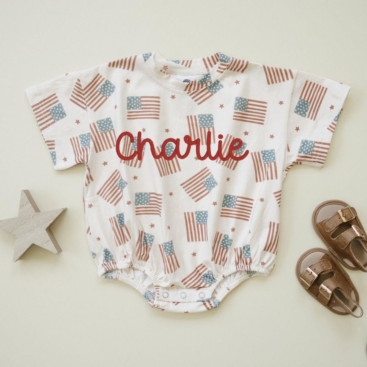 Flag Print T-Shirt Romper - optional custom embroidery