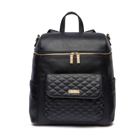 Ebony black Monaco Diaper Bag made from premium vegan leather with multiple pockets and backpack straps.