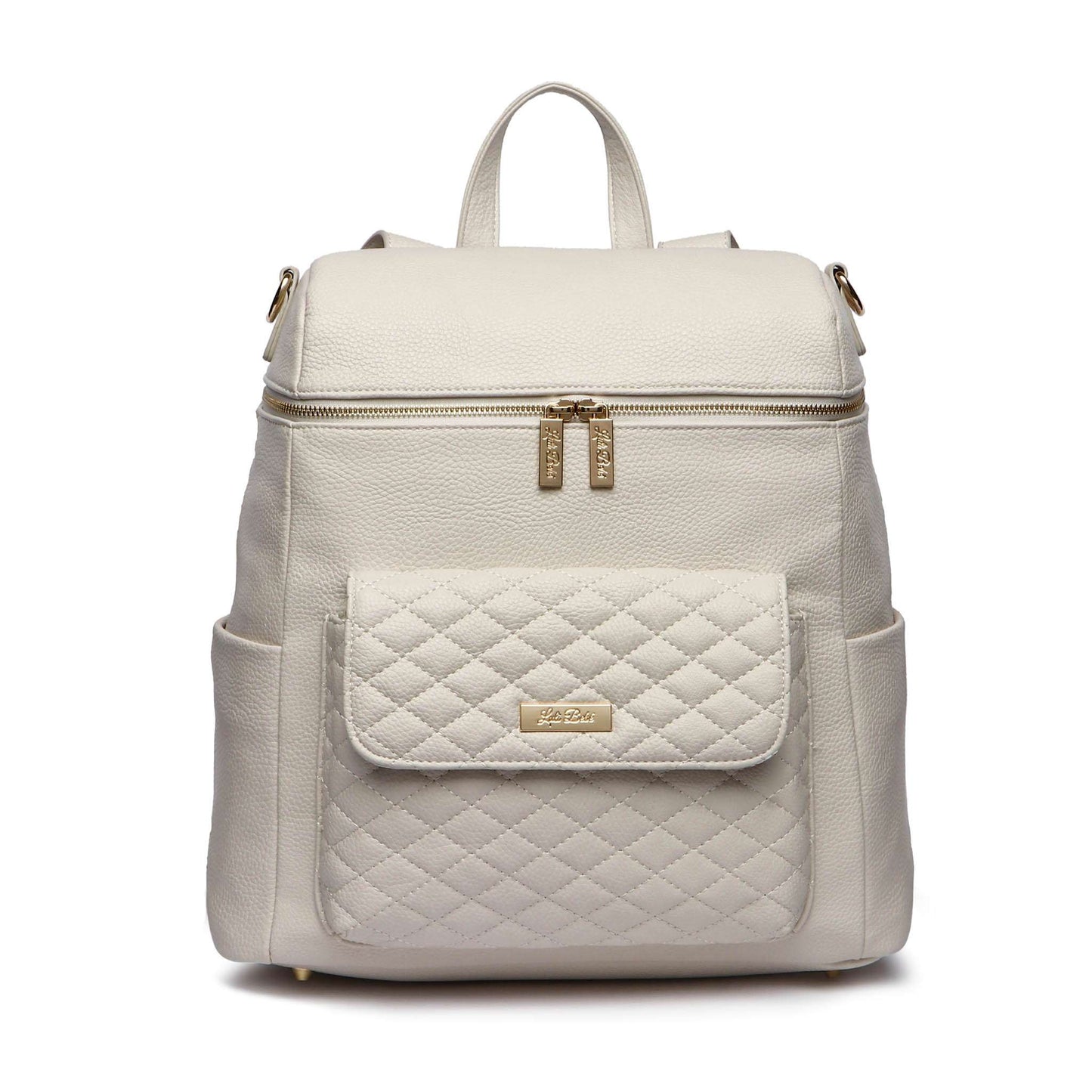 Pearl white Monaco Diaper Bag made of premium vegan leather with quilted pocket, gold zippers, and versatile carry options.