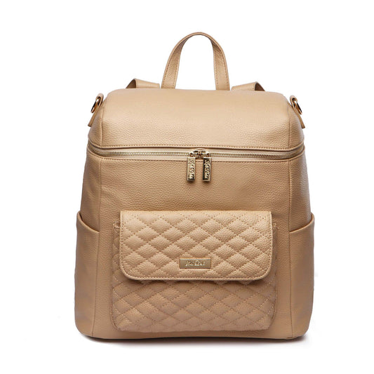 Monaco Diaper Bag in Latte Brown vegan leather with quilted design.