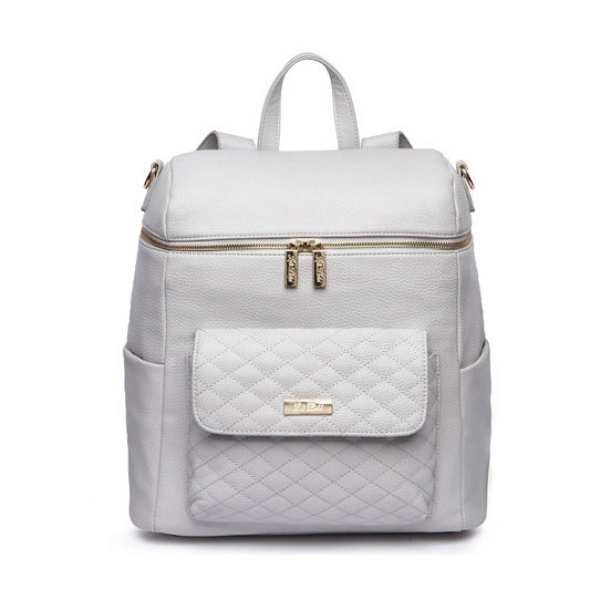 Monaco Diaper Bag in Stone Grey, premium vegan leather design with multiple pockets and dual carry options.