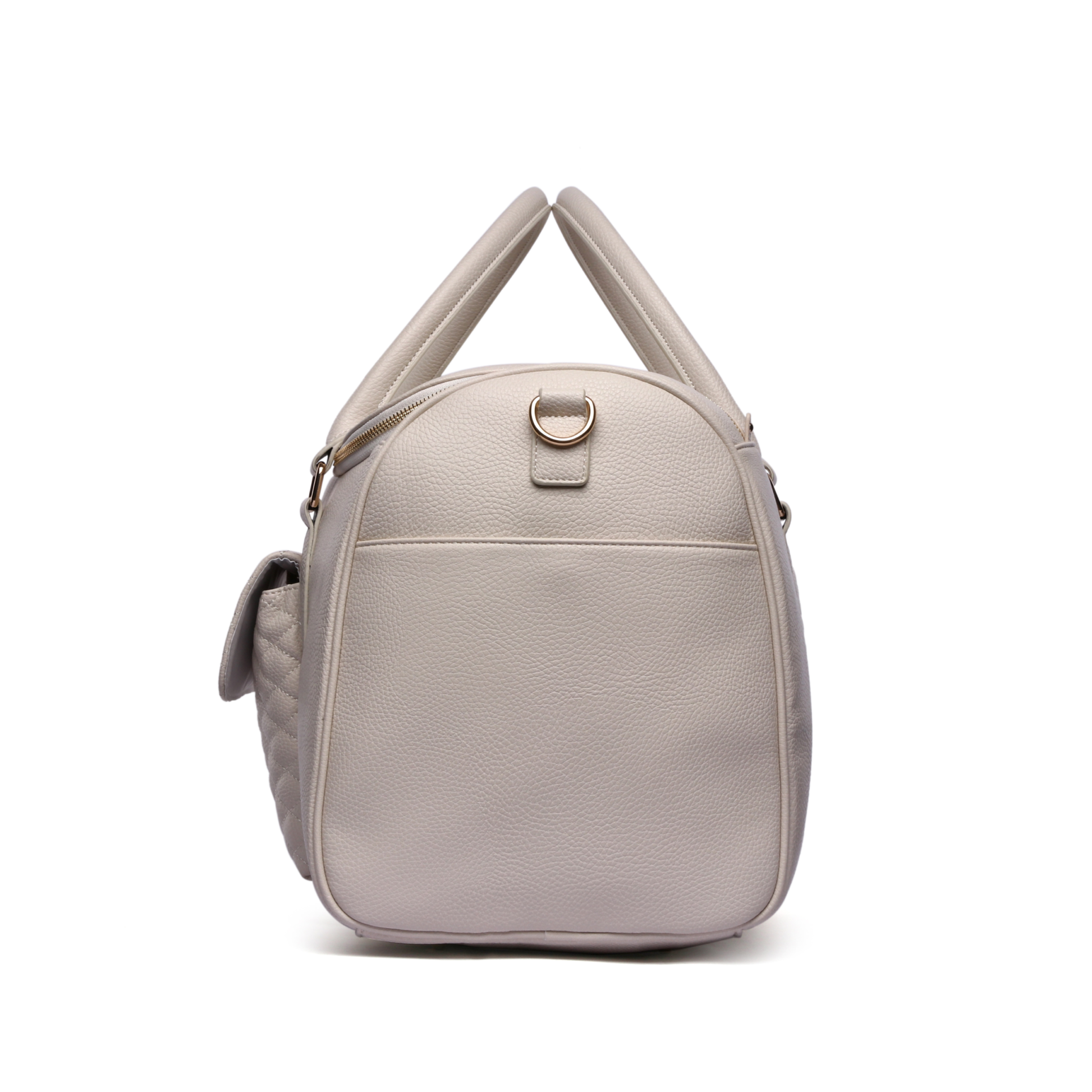 Monaco Travel Bag in pearl white vegan leather with top handles and quilted side pocket.